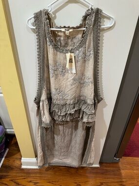 Blue Velvet Washed Embroidered Ruffle Tank Dress in Taupe